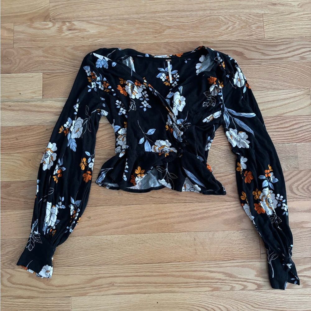 True Craft Black Floral Wrap Blouse